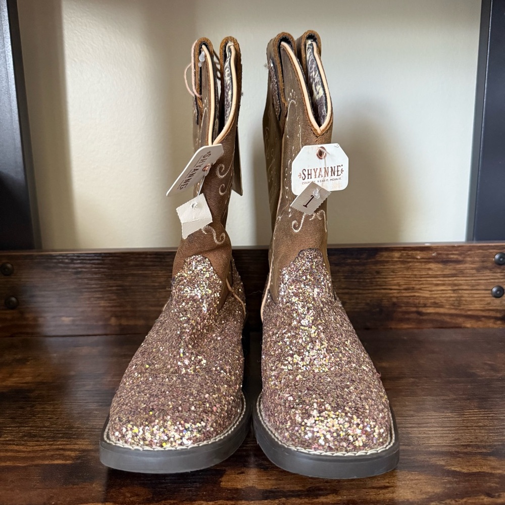 Shyanne Brown and Gold Glitter Kids Boots Girl’s Size 1 Youth - Picture 3 of 5